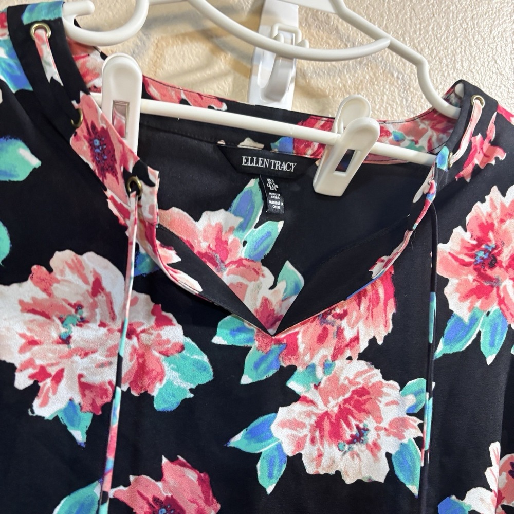 Ellen Tracy Floral Pink Rose Career Blouse Top Shirt Long Sleeve Tie Top Size L - Picture 5 of 14